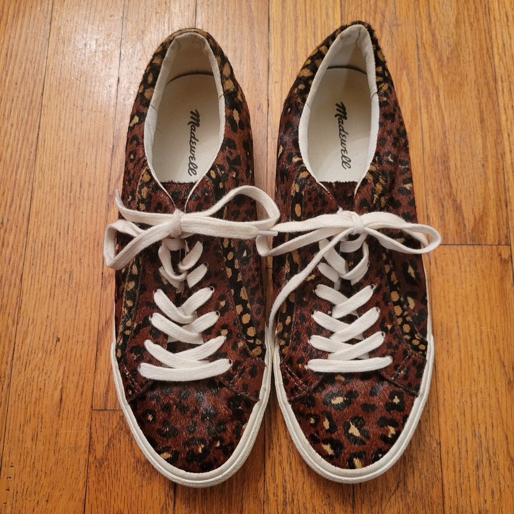 Madewell Sidewalk Leopard Print Calf Hair Sneakers Lace Up Low Top Shoes - Picture 2 of 8